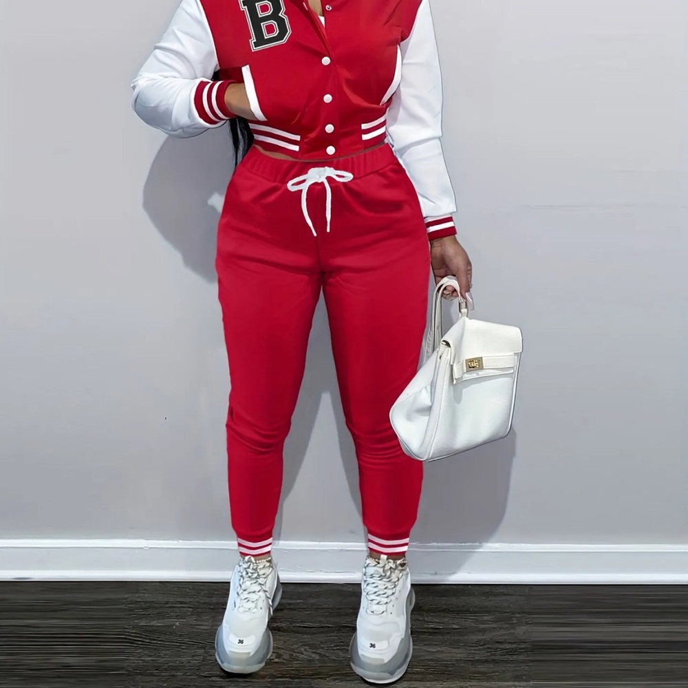 SHEIN Red & White Cropped Jogger Jumpsuit